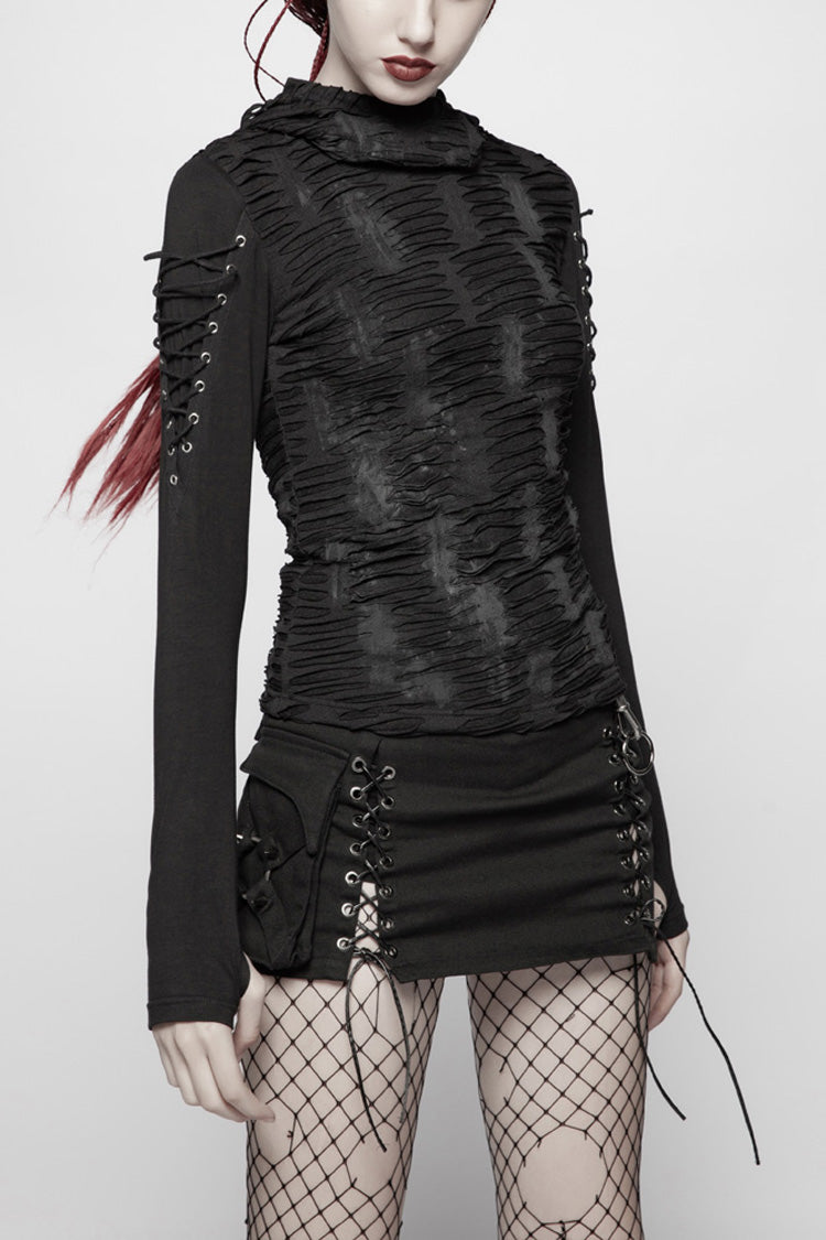Black Broken Holes Arm DrawString Long Sleeve Hooded Knit Tight Women's Gothic T-Shirt