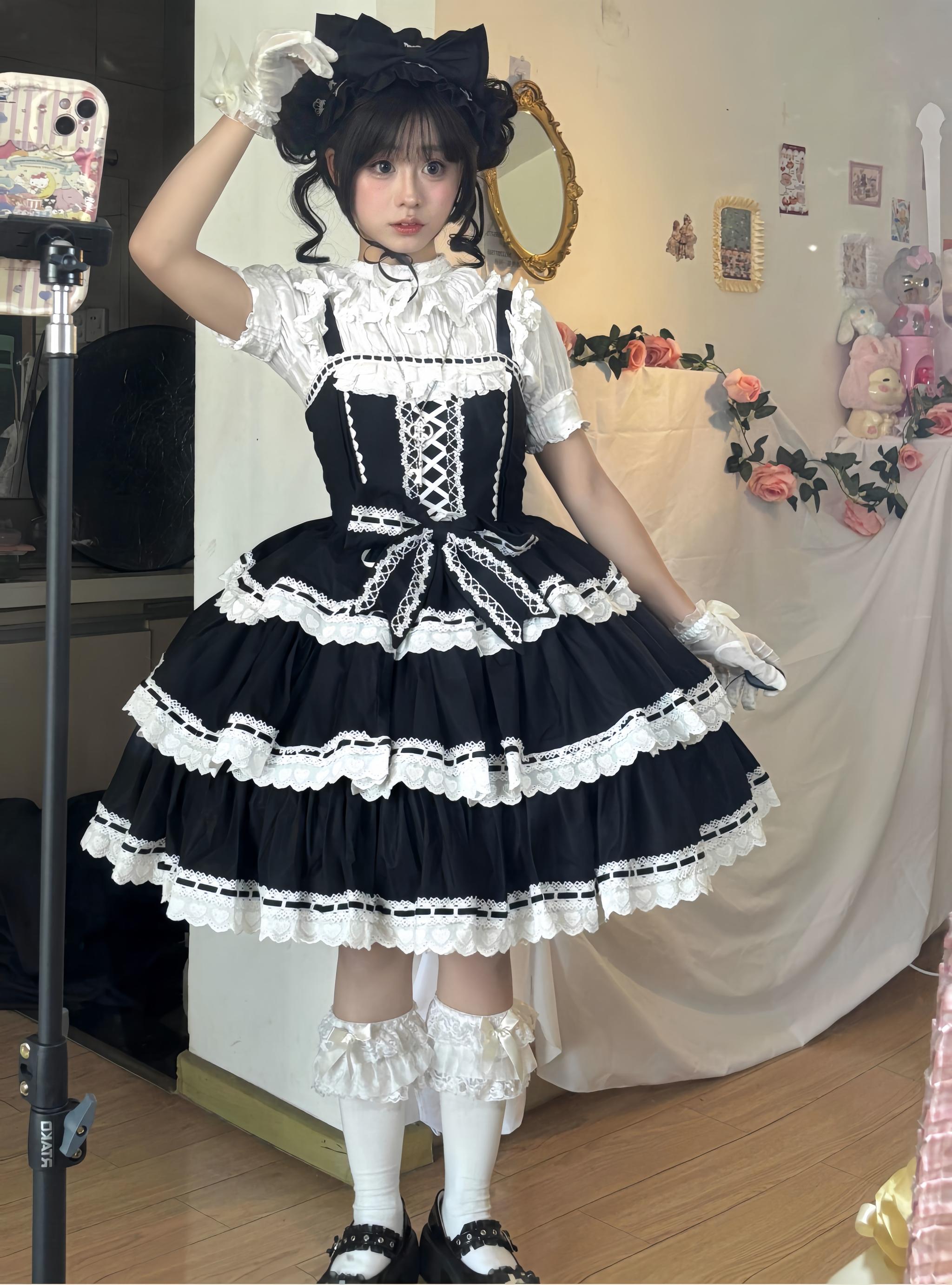 Otome Heart - Old School Lolita JSK Dress Suit, Heart-Shaped Lace Trim