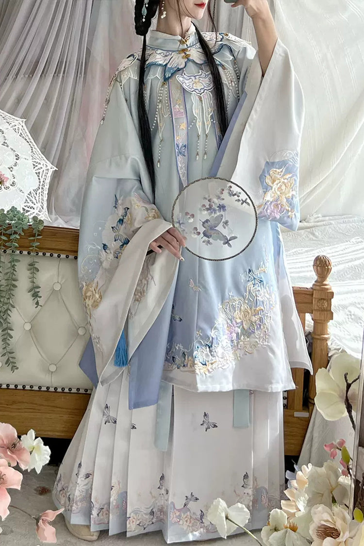 Multi-Color Stand Collar Print Embroidery Sweet Hanfu Dress