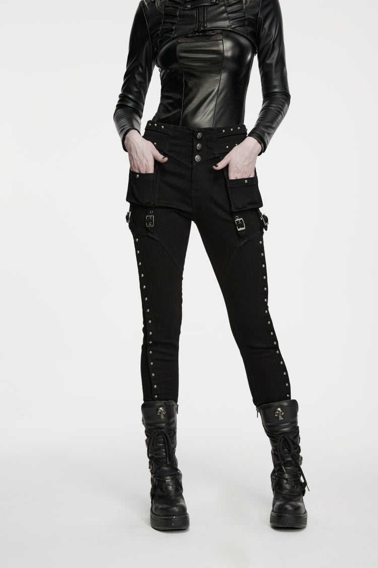Black Slim Fit Studded Women's Punk Cool Pants with Pockets