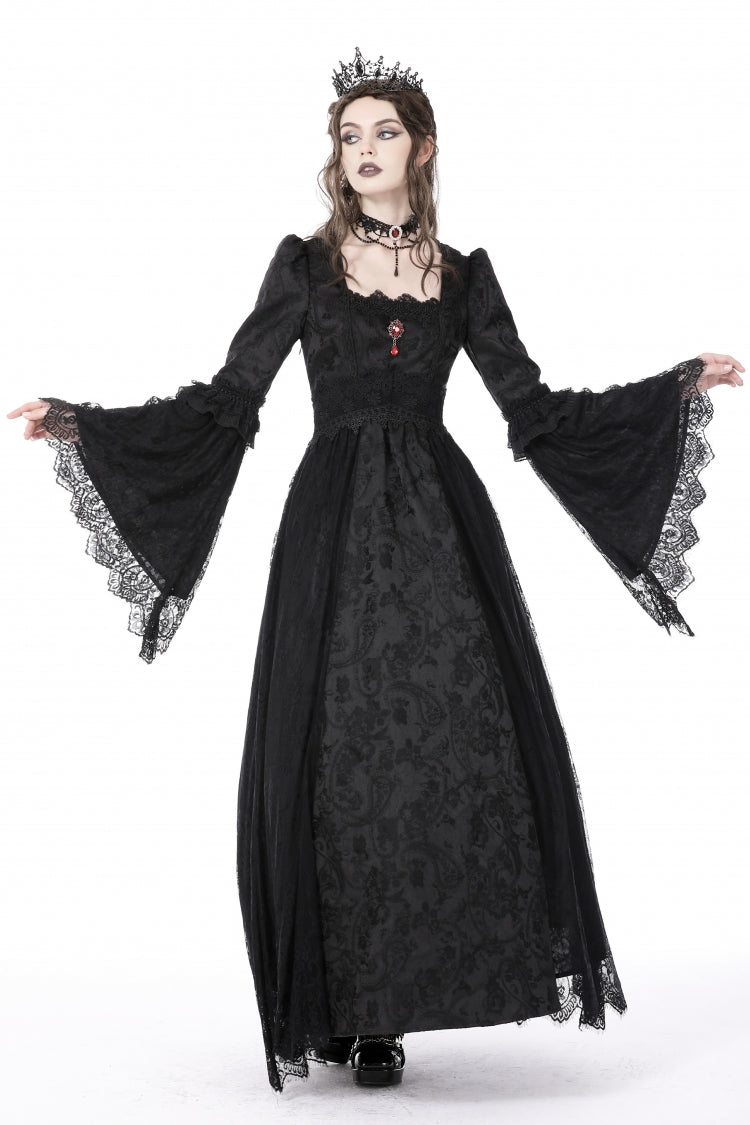 Black Square Collar Long Hime Sleeves Embroidered Lace Spliced Women's Gothic Maxi Wedding Dress