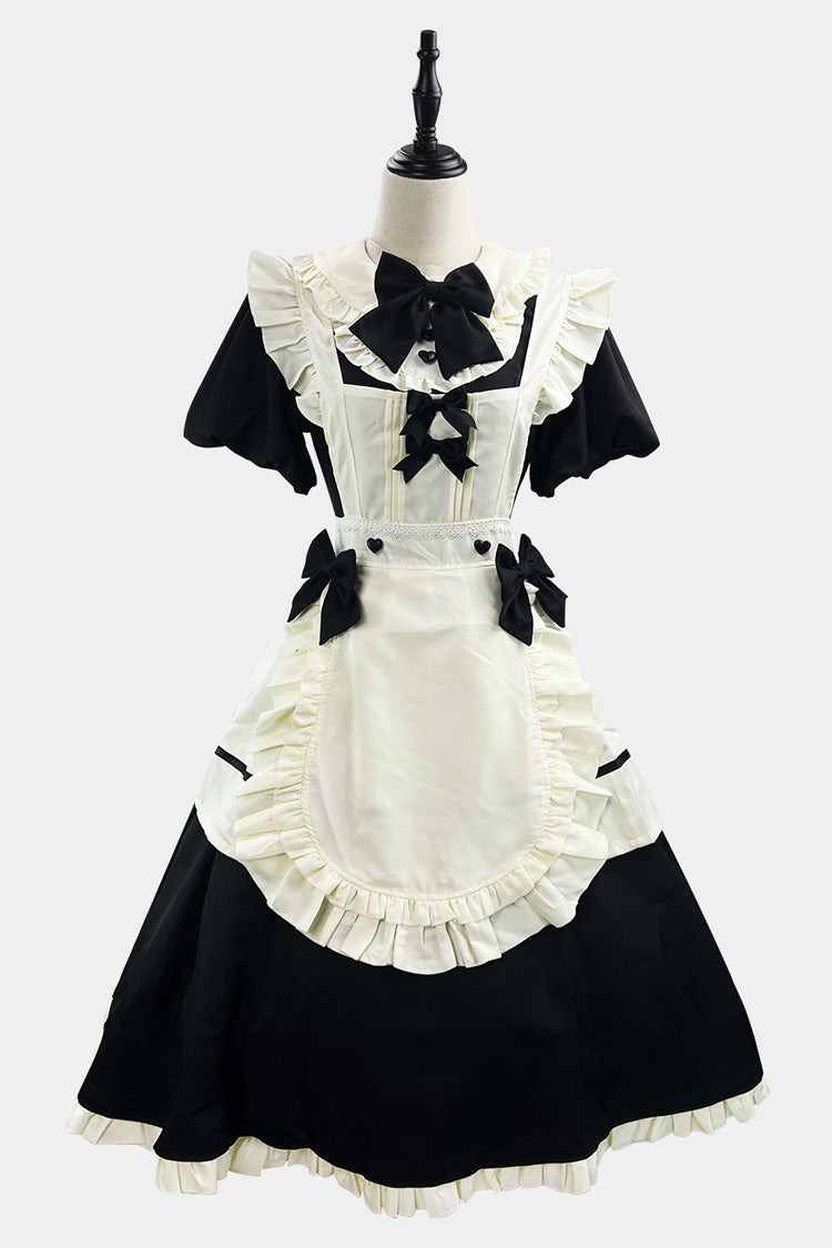 Black/White Short Sleeves Ruffle Bowknot Lace Plus Size Sweet Maid Long Lolita Dress