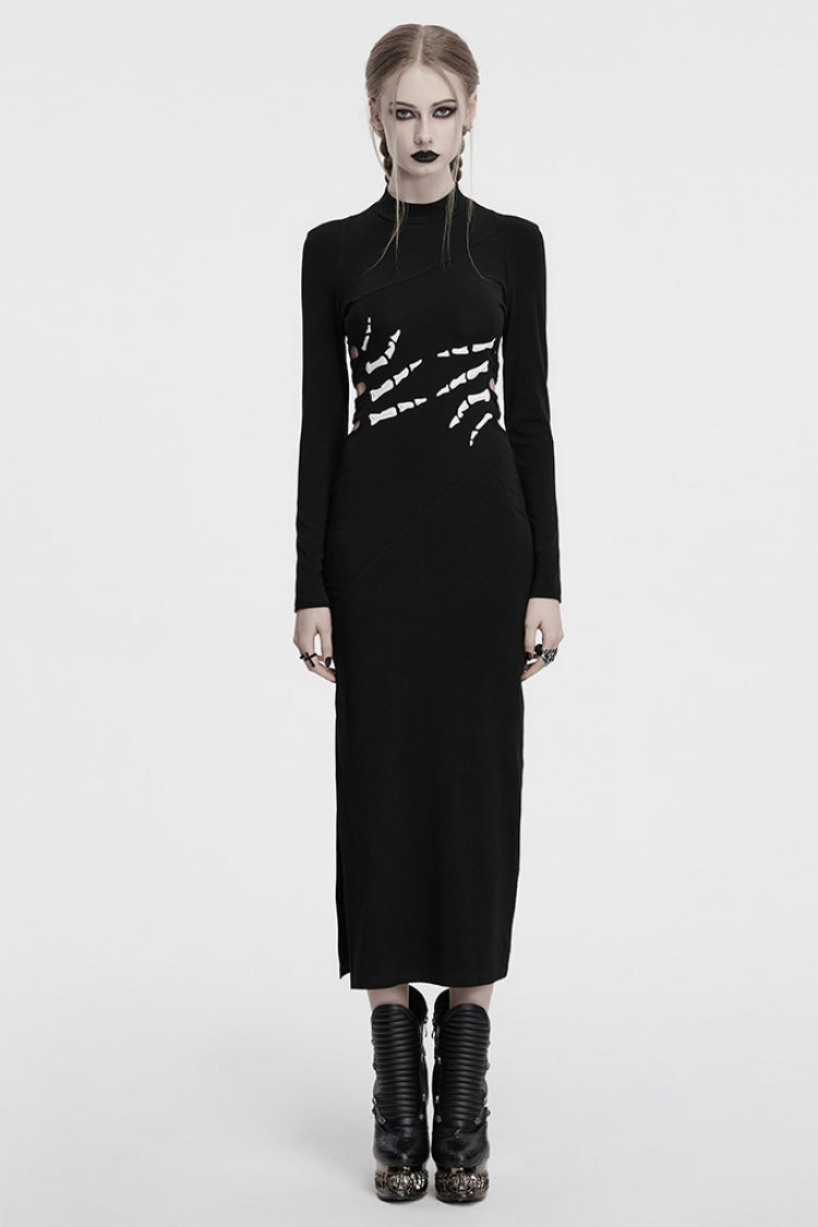 Black Long Sleeves Skeleton Print Cutout Hollow Women's Gothic Dress