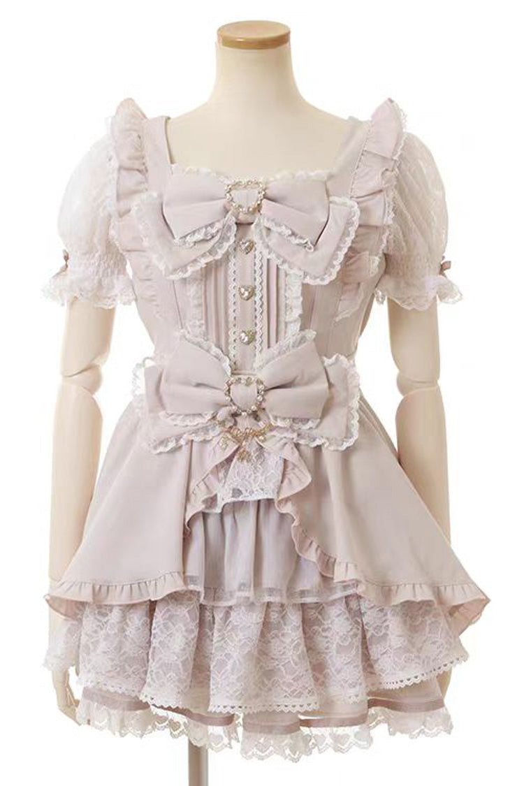 Sweet Jirai Kei Square Collar Short Sleeves Ruffle Bowknot Lace Japanese Dress Set 3 Colors