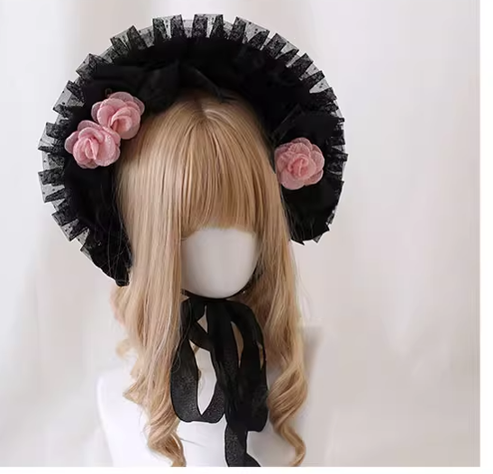 Xiaogui - Gothic Lolita Black Lace Flowers Bonnet