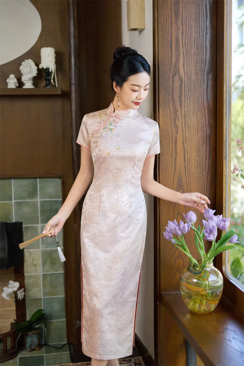 Pink/Gold Modern Short Sleeve Jacquard Qipao with Floral Embroidery