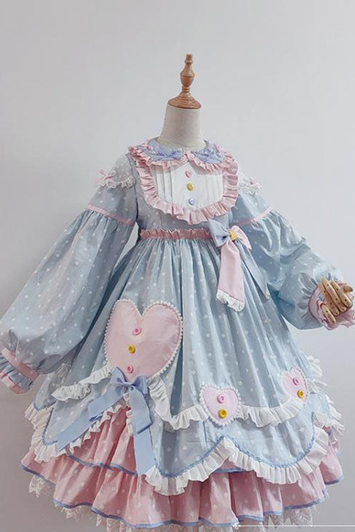Blue Pop Sugar Bowknot Long Sleeves Love Pocket Decoration Multi-Layer Ruffled Sweet Lolita OP Tiered Dress