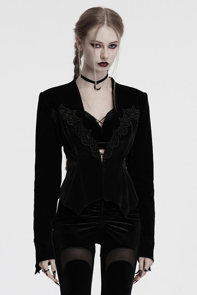 Black V Collar Long Sleeves Floral Embroidery Lace-Up Women's Gothic Jacket