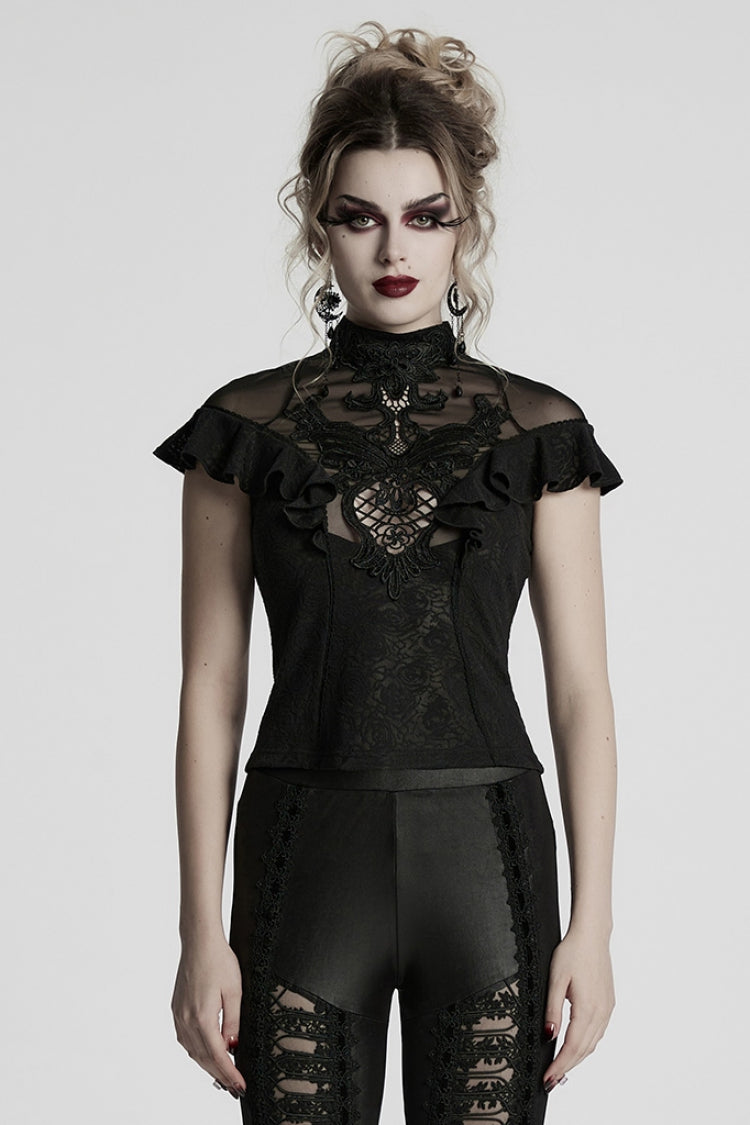 Black Stand Collar Short Sleeves Ruffle Hollow Embroidery Lace Sheer Women's Gothic Blouse