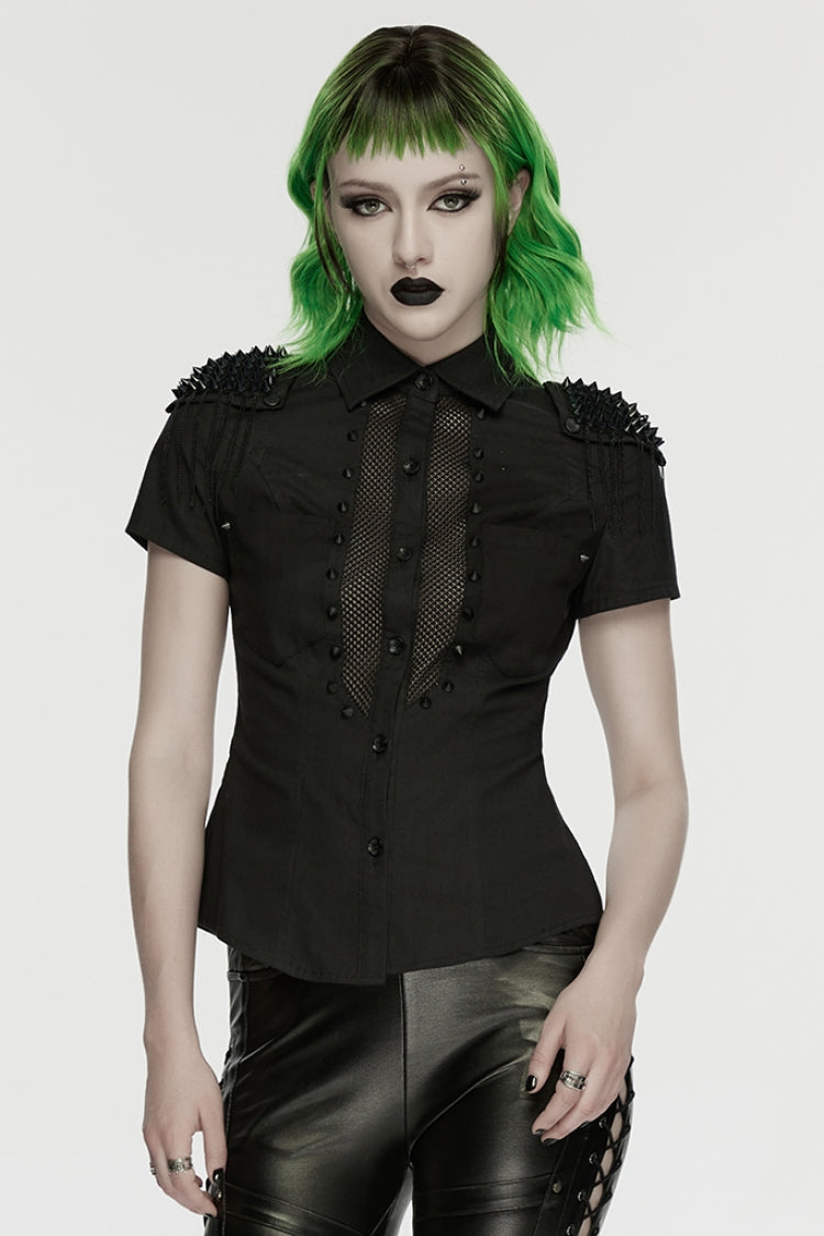Black Lapel Collar Short Sleeves Mesh Studded Tassels Women's Punk Blouse