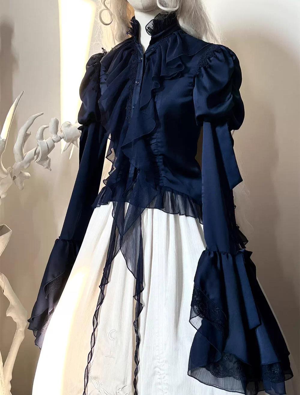 Dragon Bone - Gothic Lolita Blouse, Irregular Swallowtail Flounce Hem