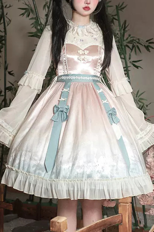 Pink Round Collar Trumpet Sleeves Rabbit Embroidery Print High Waisted Sweet Lolita OP Dress
