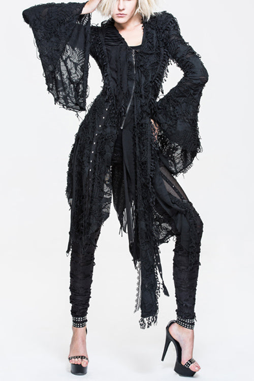 Black Ragged Horn Sleeves Womens Punk Long Coat