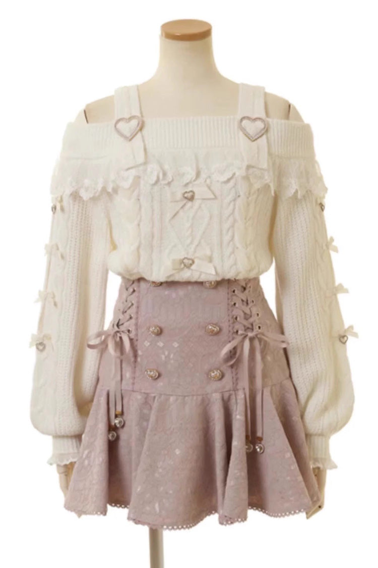 Pink Japanese Bowknot Double Breasted Lace-Up Sweet Jirai Kei Skirt