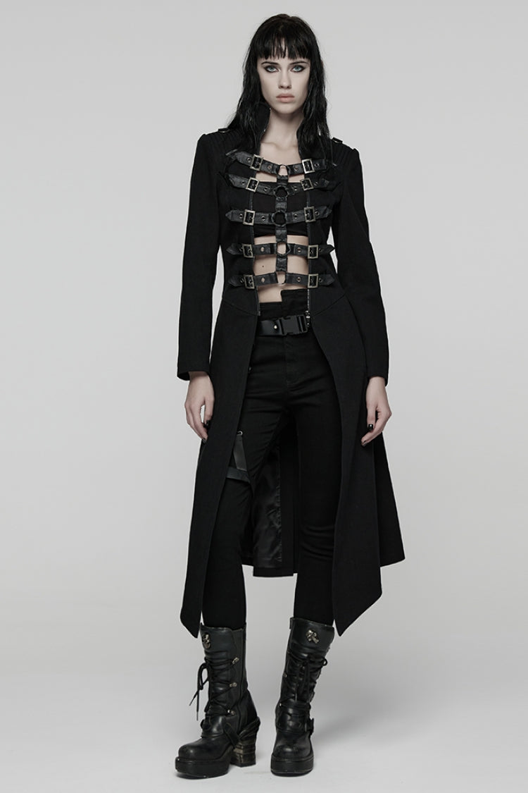 Black Stand Collar Long Sleeves Lace-Up Mesh Buckle Women's Punk Coat