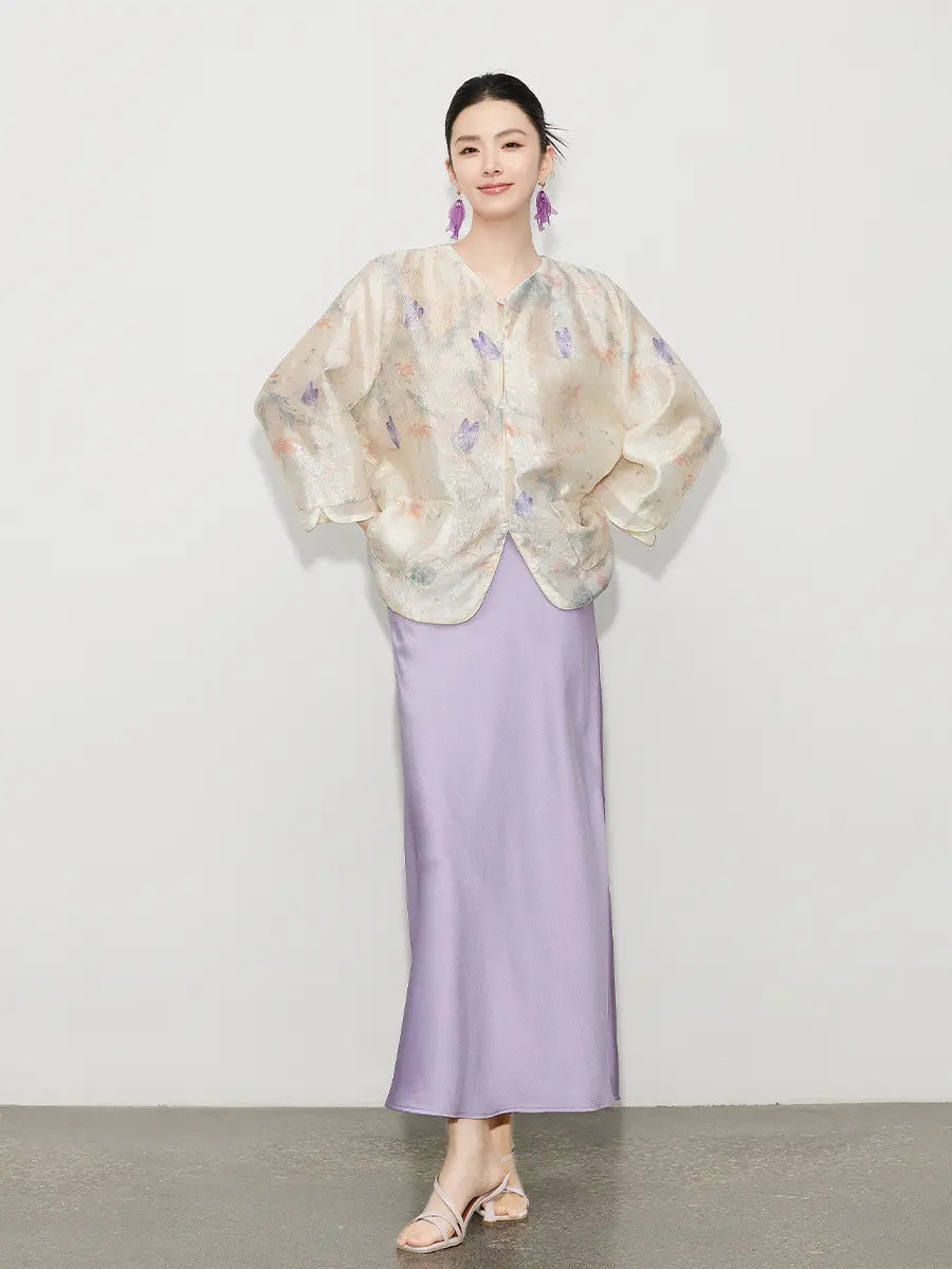 New Chinese Style Butterfly Sheer Top & Lilac Skirt Set