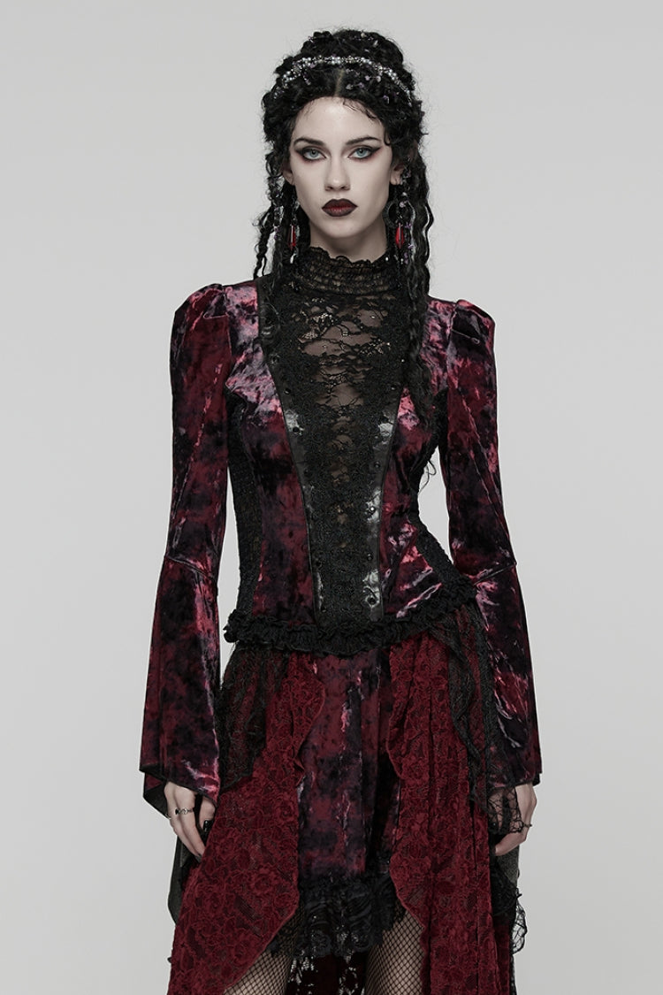 Black/Red Long Trumpet Sleeves Spliced Lace Lace-Up Women's Gothic Blouse