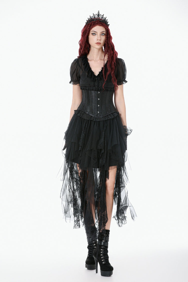 Black Solid Color Sleeveless Lace Lace-Up Women's Punk Underbust Corset
