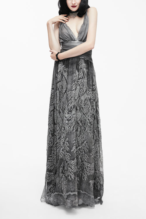Punk Wedding Embroidery Smoky Pattern Sexy Silk Chiffon Halter Womens Dress