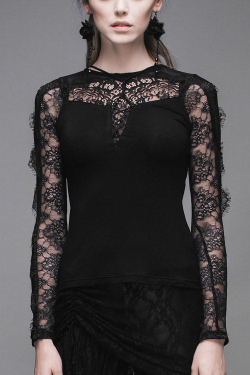 Black Sexy Lace Pattern Long Sleeves Gothic Womens T-Shirt