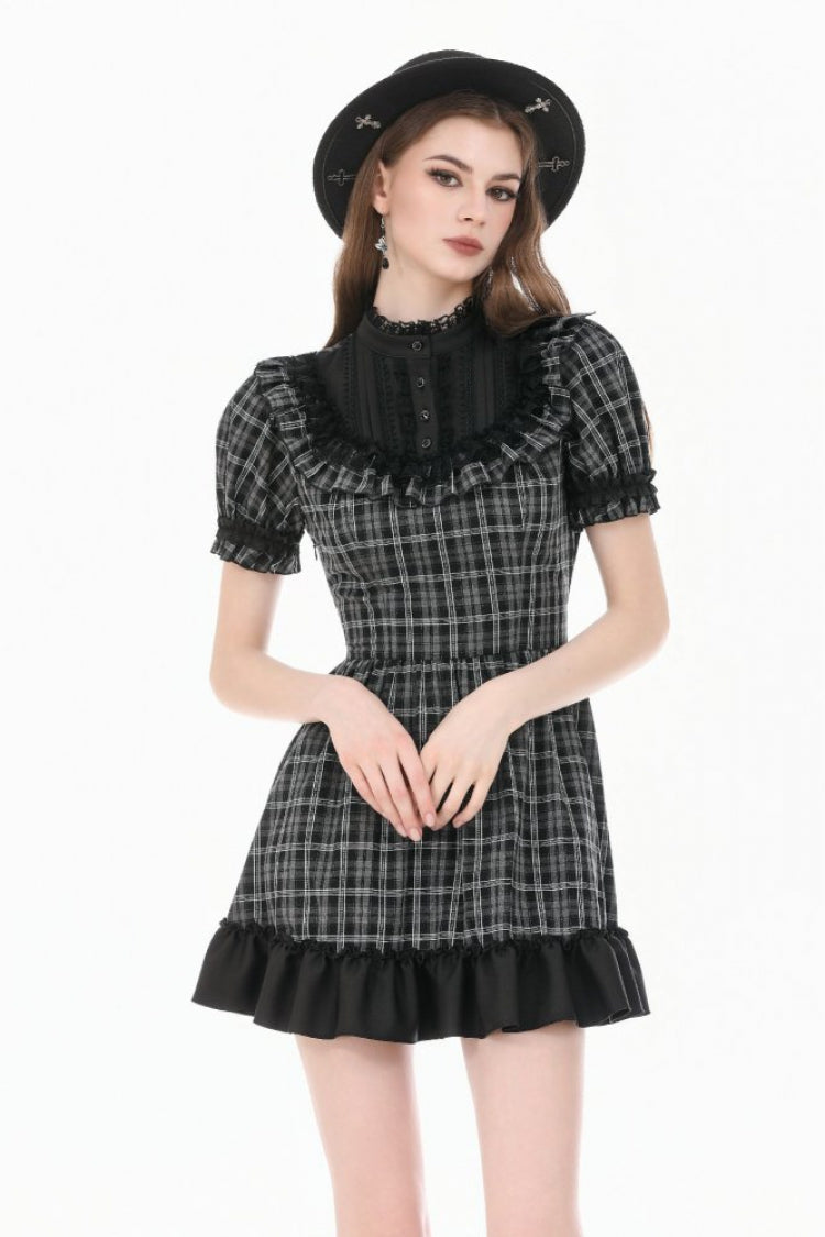 Black/White Plaid Stand Collar Short Puff Sleeves Ruffled Lace Lace-Up Women's Lolita Gothic Dress