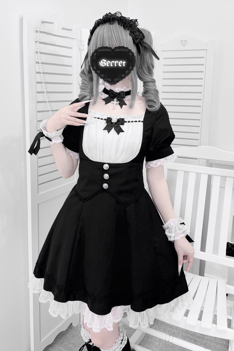 Black/White Short Sleeves Ruffle Bowknot Cross Waist Maid Sweet Japanese Lolita Dress Set