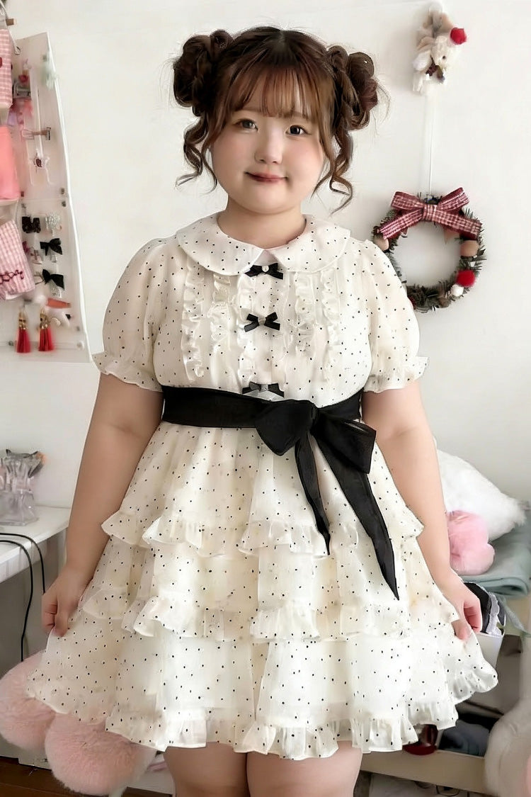 White Doll Collar Short Sleeves Triple-Layered Polka Dots Printed Ruffled Bow Plus Size Princess Sweet Lolita Dress