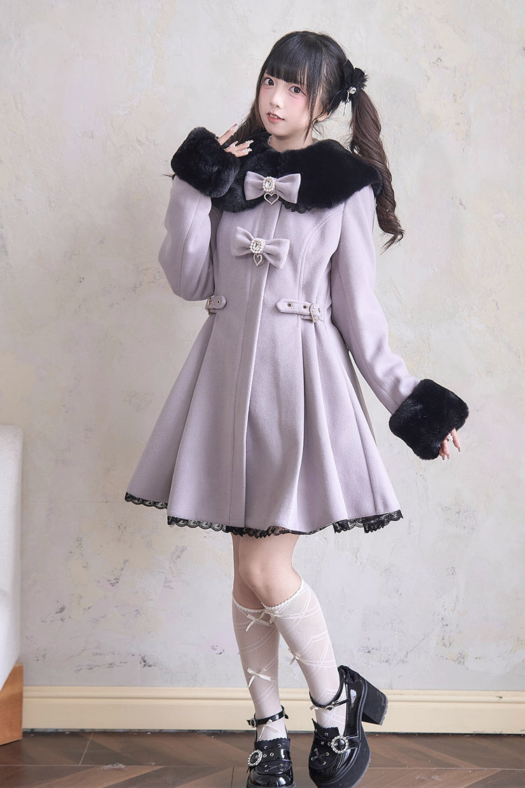 Sweet Plush Collar Waist-cinched Long Sleeves Bowknot Lace Japanese Lolita Coat 4 Colors