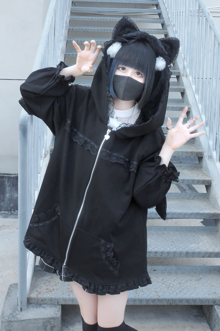 Black Long Sleeves Cat Ears and Tail Ruffle Bowknot Hooded Gothic Jirai Kei Coat