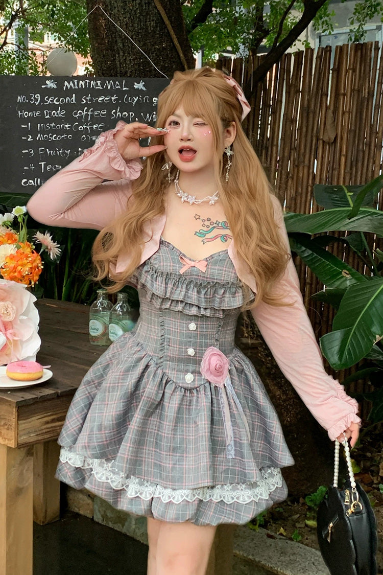 Grey Square Collar Sleeveless Printed Ruffled Lace Rose Sweet Japanese Plus Size Lolita Jsk Dress