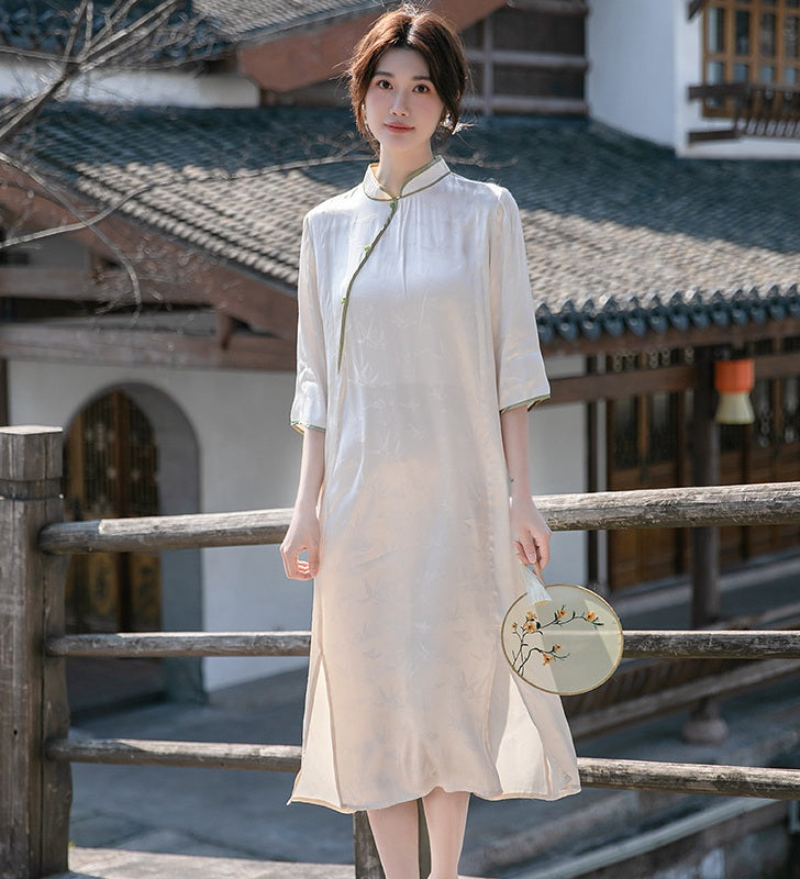 Ivory White Jacquard Loose Qipao Cheongsam Dress
