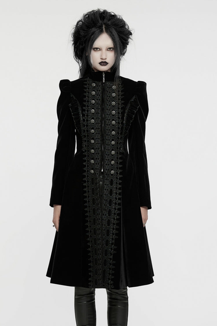 Black Long Puff Sleeves Floral Embroidery Women's Gothic Coat