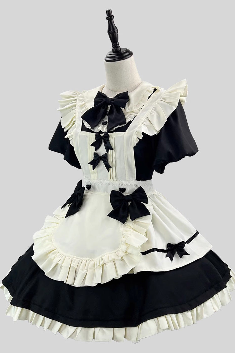 Black/White Short Sleeves Ruffle Bowknot Lace Plus Size Sweet Maid Short Lolita Dress