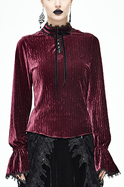 Red Pleated Velvet Trumpet Sleeves Womens Gothic Blouse