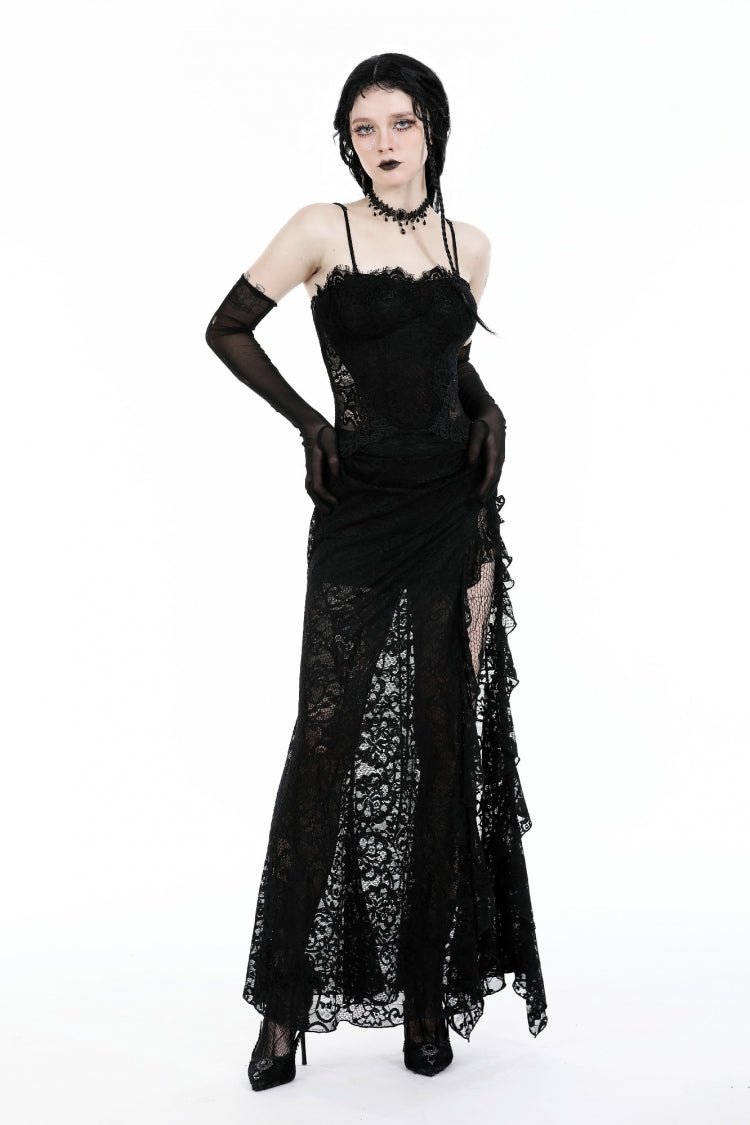 Black Sleeveless Side Slit Ruffled Lace Lace-Up Women's Gothic Maxi Slip Wedding Dress