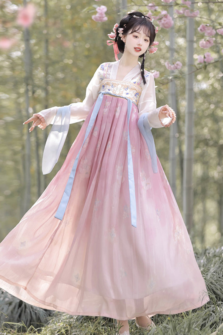 Pink Long Sleeves Tang-Style Qixiong Ruqun Printed Lace Sweet Hanfu Dress Set