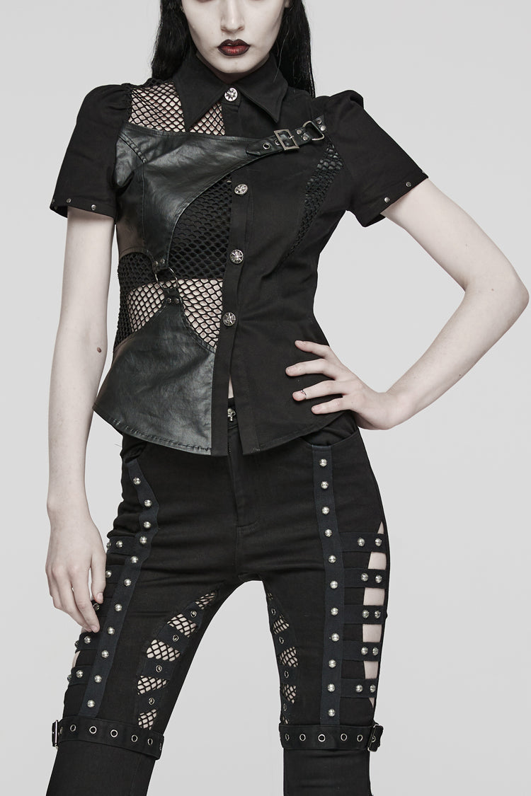 Black Twill Woven Short Sleeves Hollow Leather Stitching Womens Steampunk Blouse