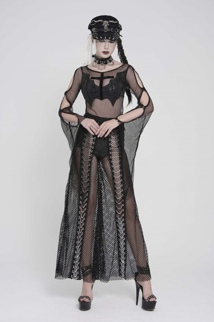 Black Spliced Mesh Studded Women's Punk Pants