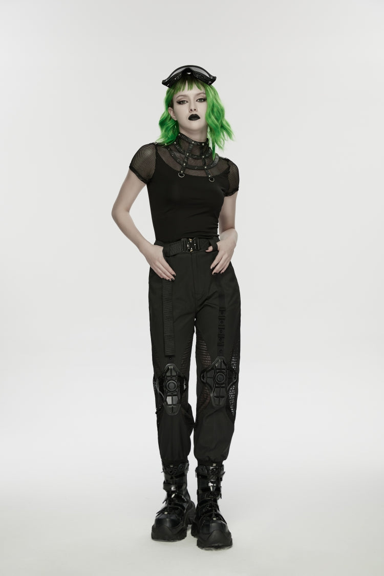 Black Stand Collar Short Sleeves Zippered Women's Punk Rivets&Eyelets T-Shirt