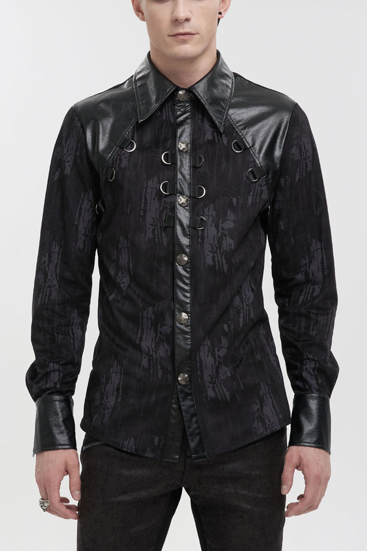 Black Ribbed Metal Chain Hand-Painted Velveteen Paneled Leather Men's Punk Shirt