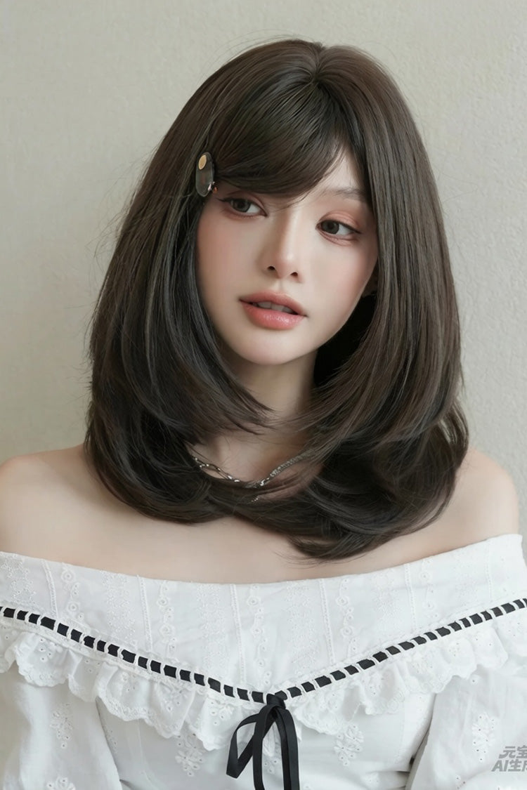 Cool Brown Refined Side-Swept Bangs Multi-Layered Sweet Lolita Shoulder Length Wig