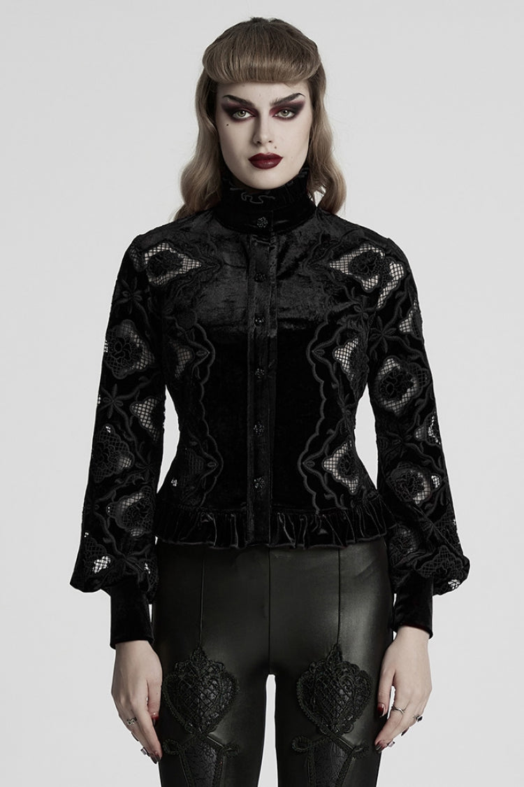 Black Long Sleeves Ruffle Floral Embroidery Women's Gothic Blouse