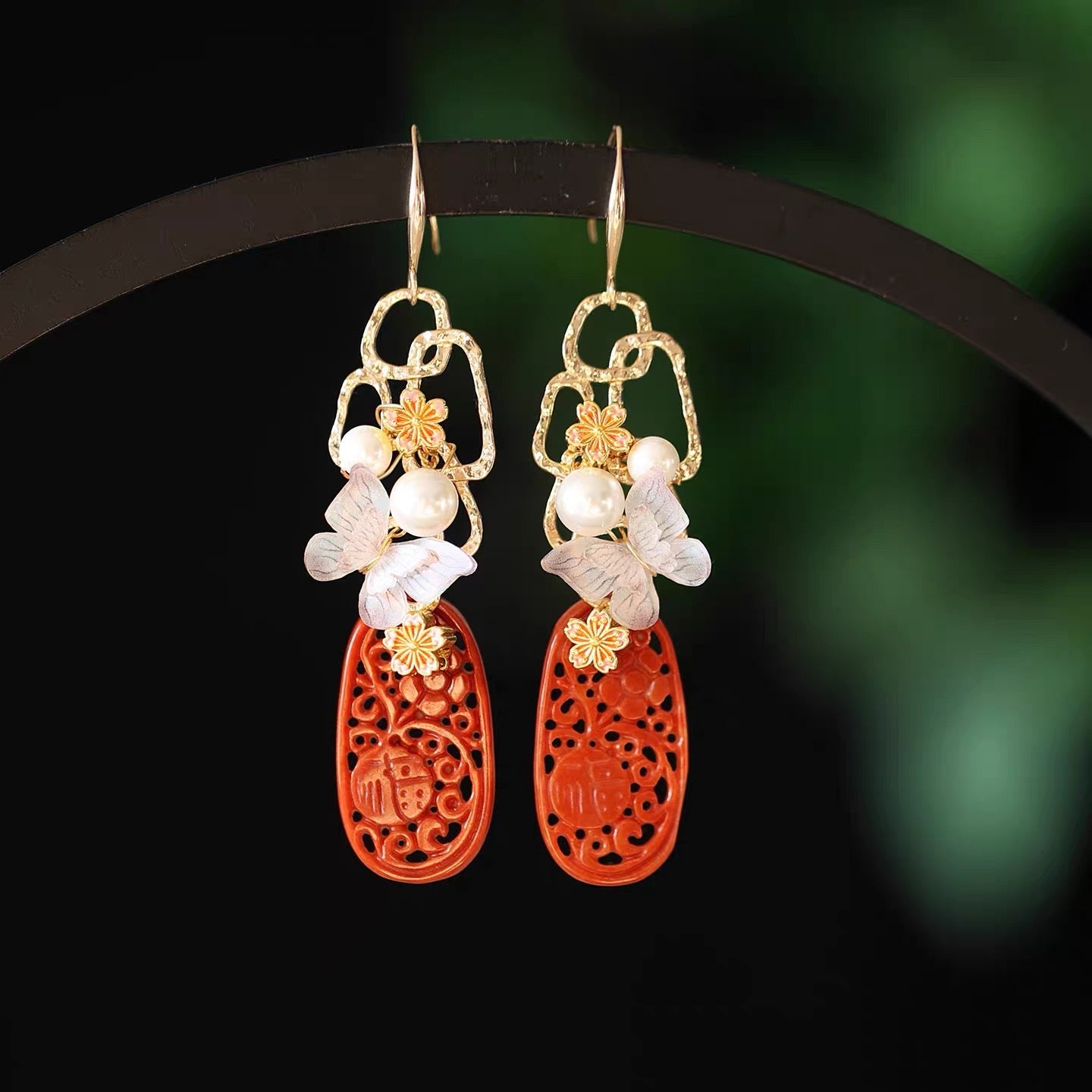 Red Jade Butterfly Tassel Earrings | Ancient China Jewelry
