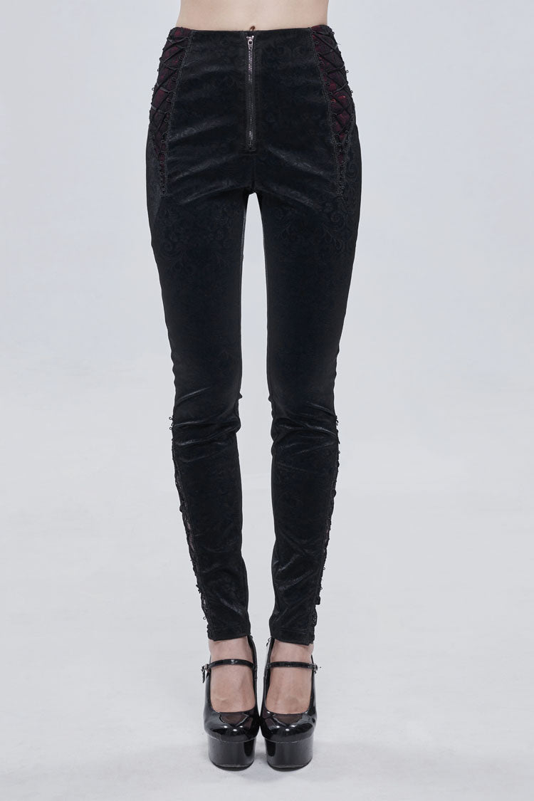 Black Textured Pattern Lace Decoration Metal Zipper Mid-High Waist Tie Women's Gothic Trousers
