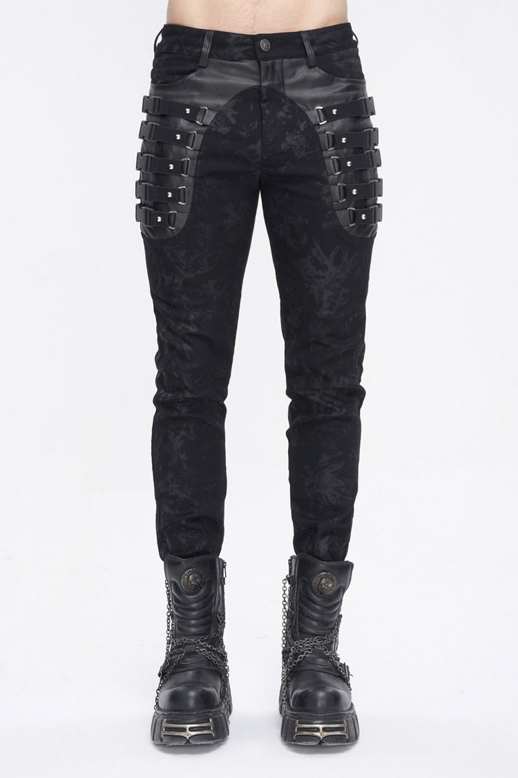 Black Multi Buckle Distressed Print Men's Punk Pants