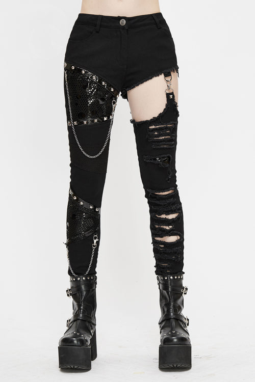 Black Punk Asymmetrical Spliced Broken Hole With Chains Womens Pants