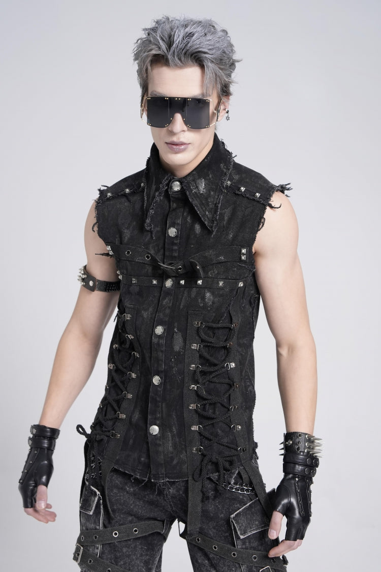 Black Sleeveless Studded Lace-Up Men's Gothic Distressed Vest
