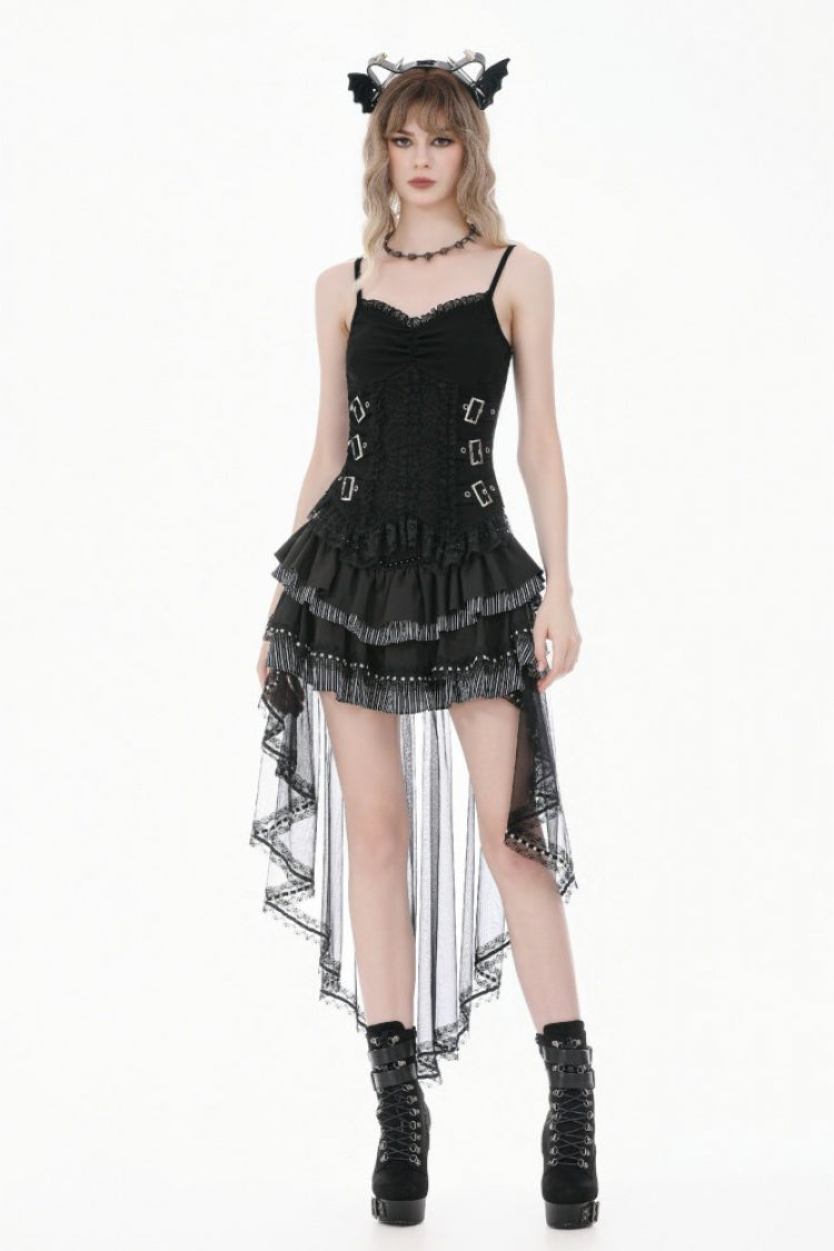 Black Women's Gothic Vintage Multi-Layered Buckled Straps Sheer Lace Patchwork Tank Top