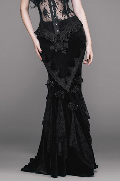 Black Rose Embossed Gothic Velvet Long Womens Half Fishtail Skirt