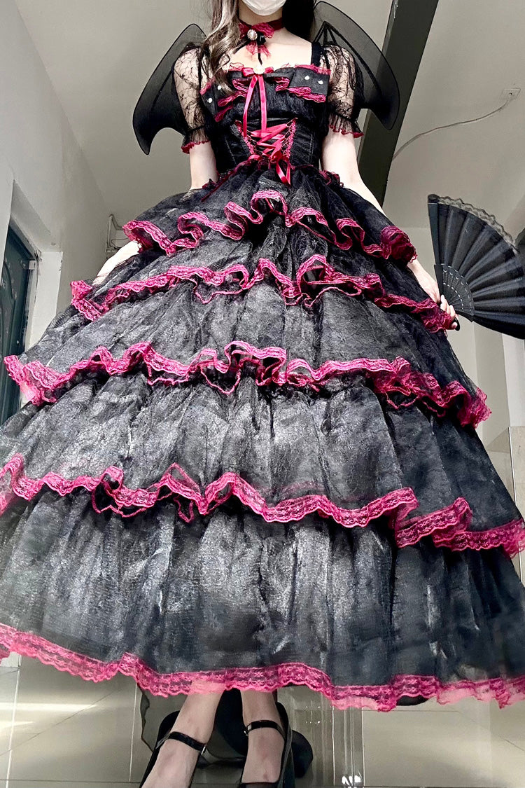 Black/Red Short Sleeves Multi-Layered Ruffle Hanayome Bowknot Lace Plus Size Sweet Lolita Dress (Long Version)